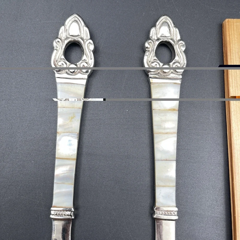 Vintage Mother of Pearl Handle Salad Serving Spoon & Fork Set Unmarked